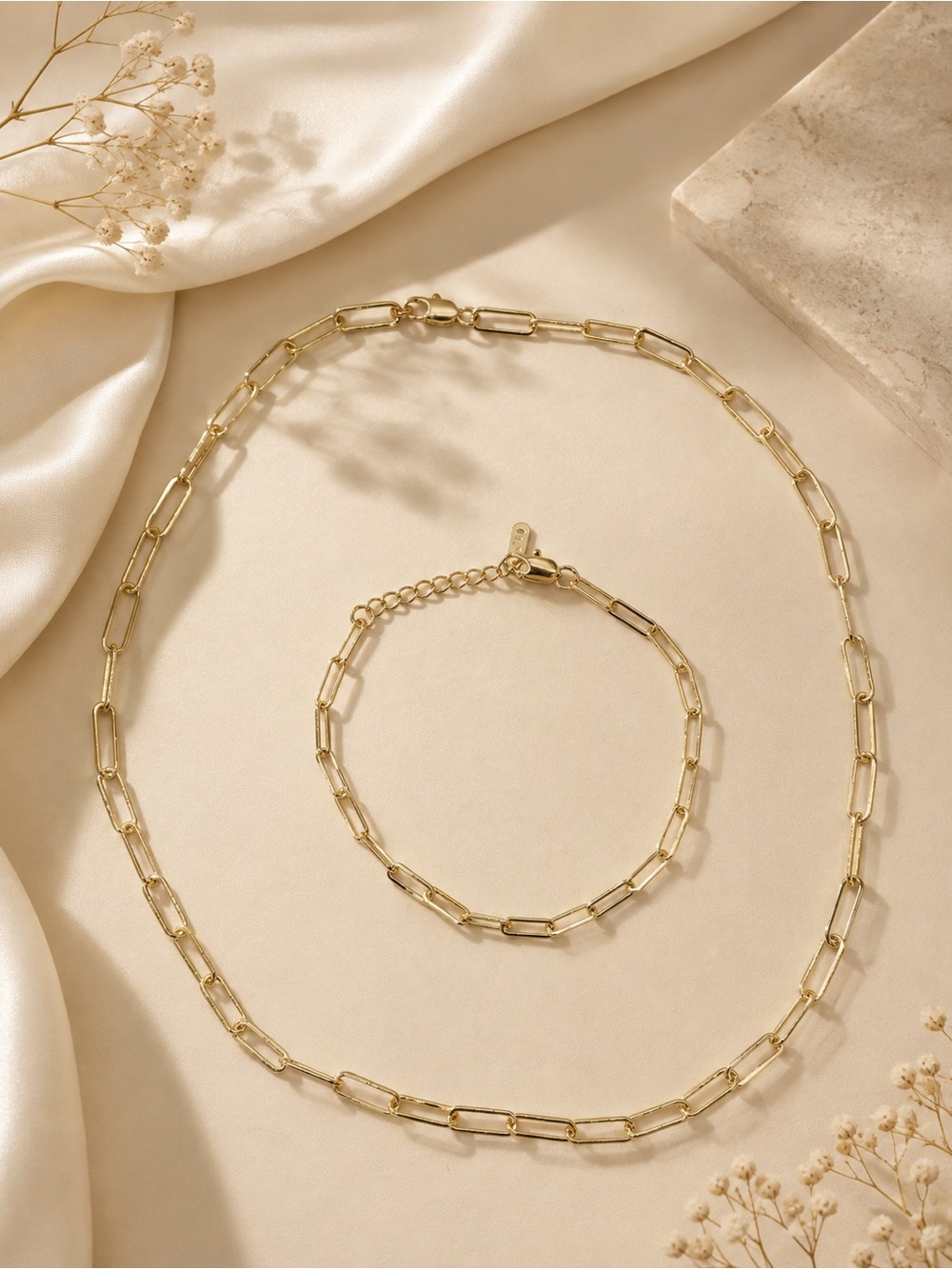 Gold Filled Paperclip Chain Necklace and Bracelet Set